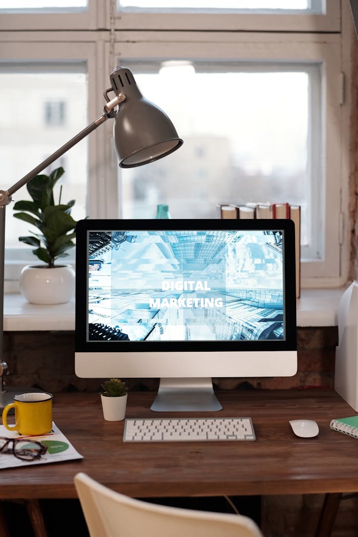 gallery-01 Contemporary home office desk with digital marketing screen, perfect for remote work inspiration.
